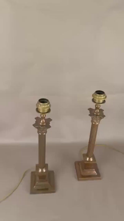 Pair of Antique Brass Corinthian Column Table Lamps, Fluted Column Lamps with New Pleated Shades
