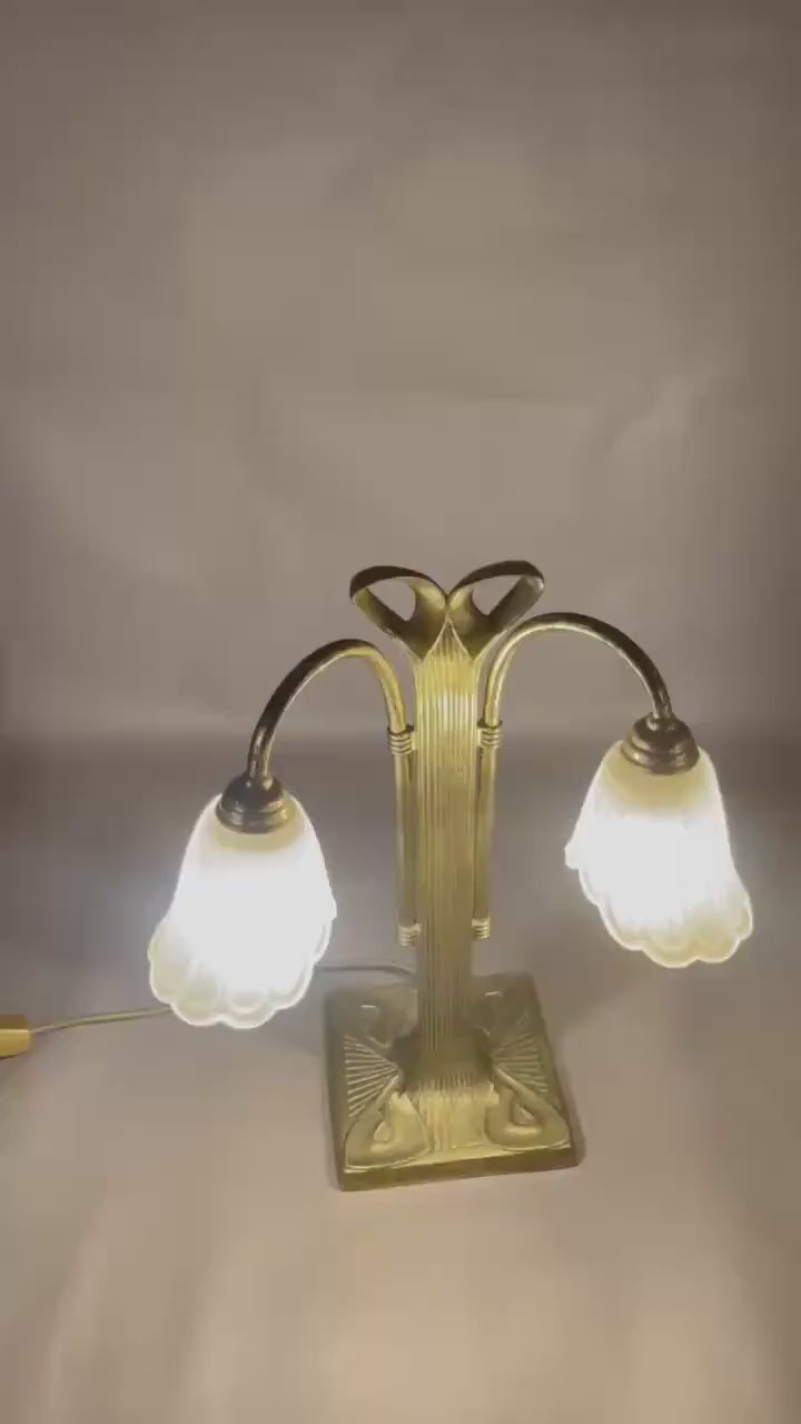 Vintage Brass Double-Arm Table Lamp, Frosted Tulip Shades — Art Nouveau Style, 1950s