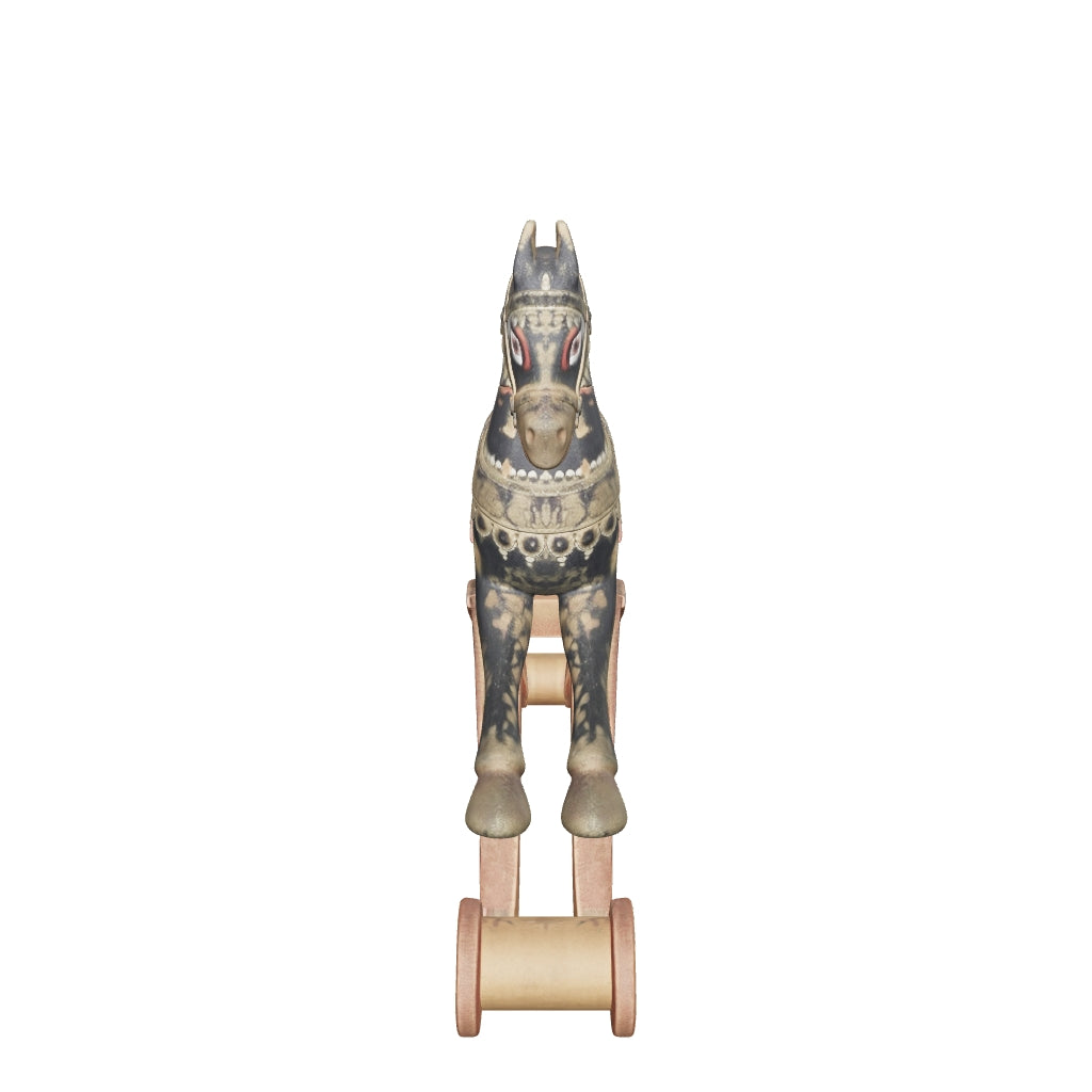 Antique painted wooden horse on wheels, 37 × 8 × 31 cm
