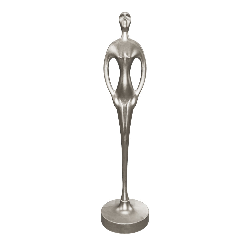 3D view of the silver-toned abstract figure sculpture, height 33 cm and circular base 8 cm wide.