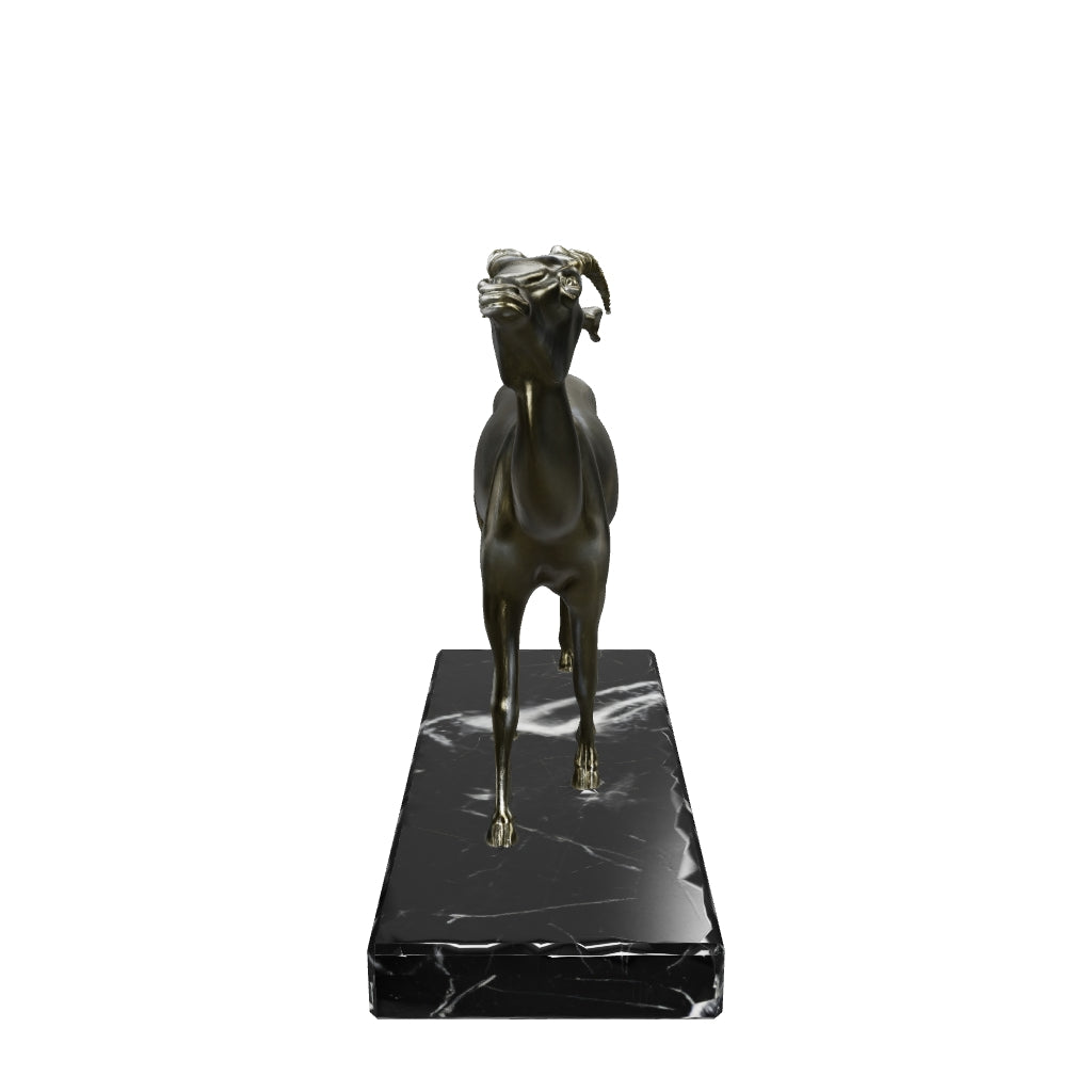3D view of the Art Deco spelter antelope on a black marble base. Overall height 17 cm, length 20 cm and width 8 cm.