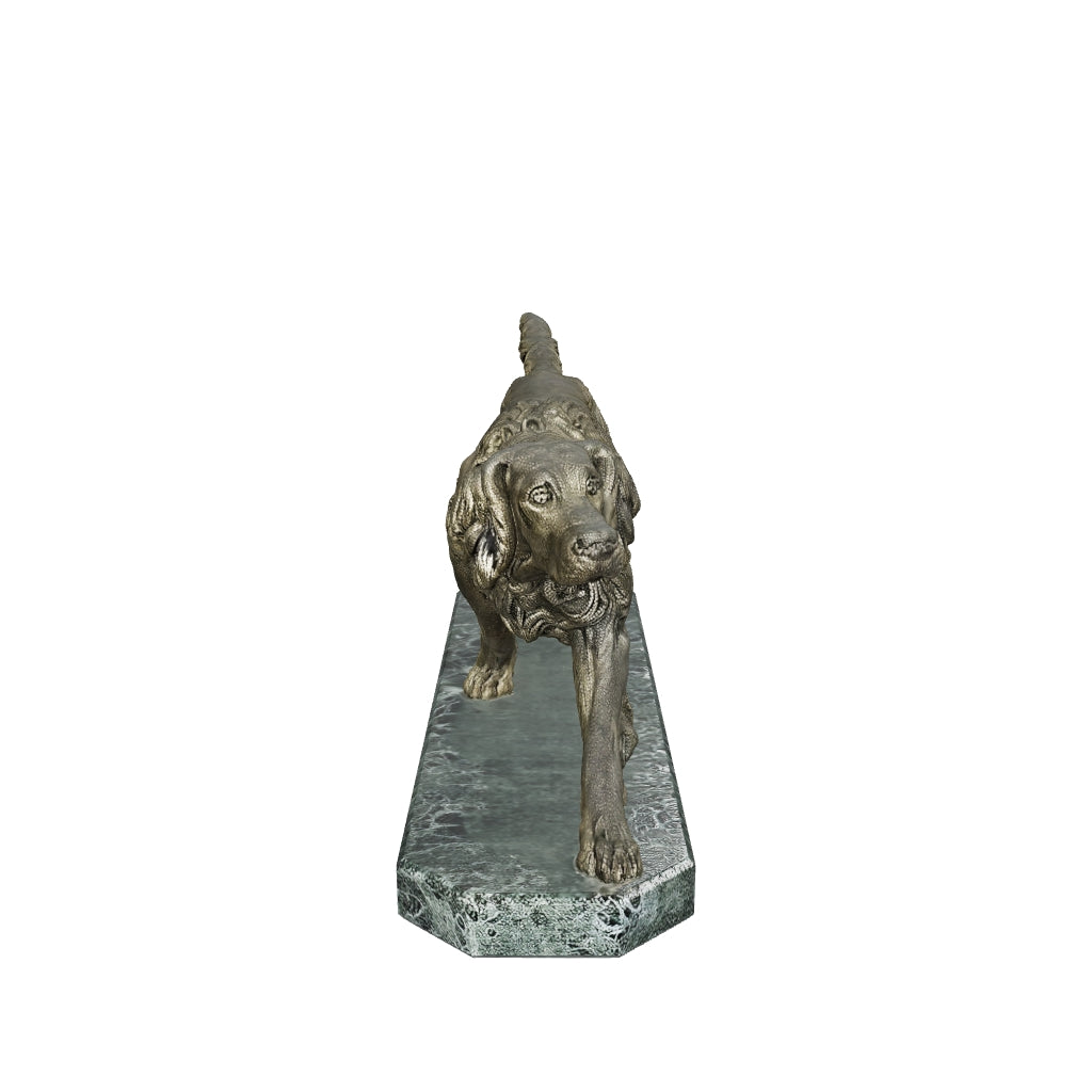 3D — Vintage patinated English Setter dog on green marble base, 43 × 11 × 19 cm