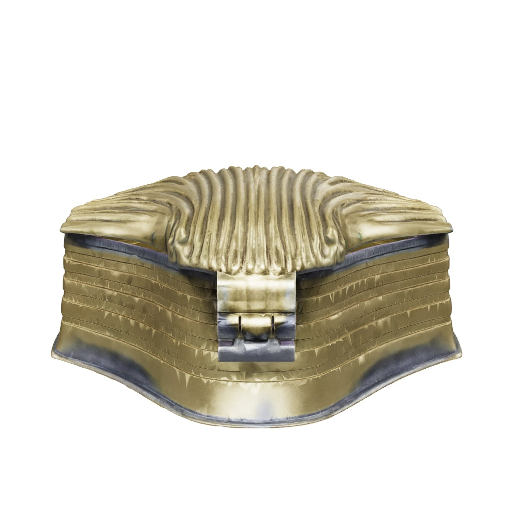 3D view of the closed brass shell pill box — 7 × 6.5 × 3 cm