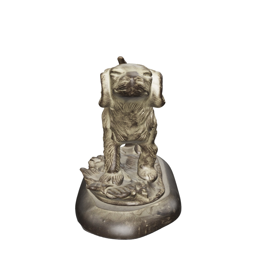 3D view of the dog statuette with marble plinth