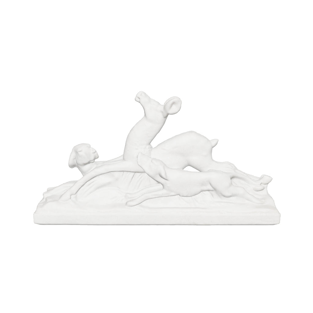 Interactive 3D preview of the glazed ODYV ceramic deer and dog sculpture. Width 43 cm, height 23 cm, depth 9 cm.