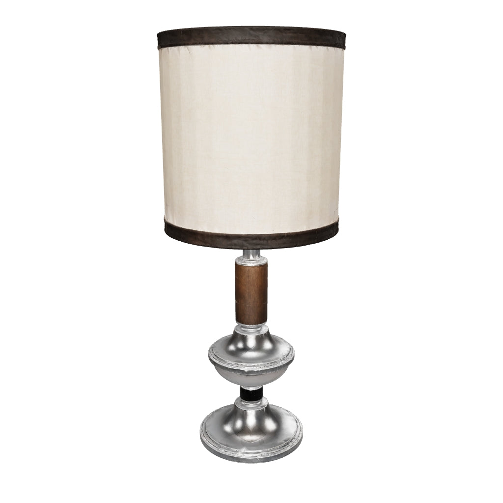 3D preview of Vintage Chrome Table Lamp, Wood and Chrome Column with New Fabric Shade — 1960s–70s