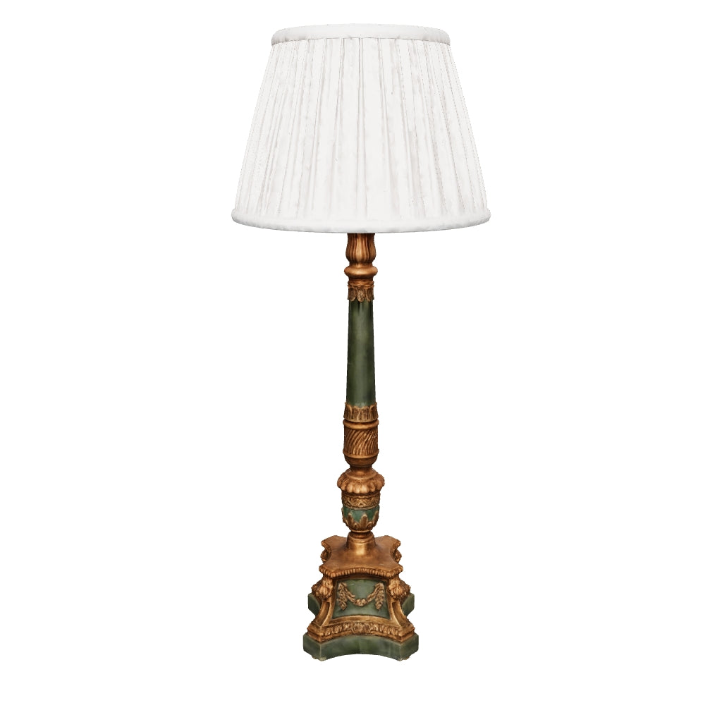 3D preview of Vintage Brass-Toned Table Lamp, Louis XVI Style, Green Column with Pleated Shade, 1950s