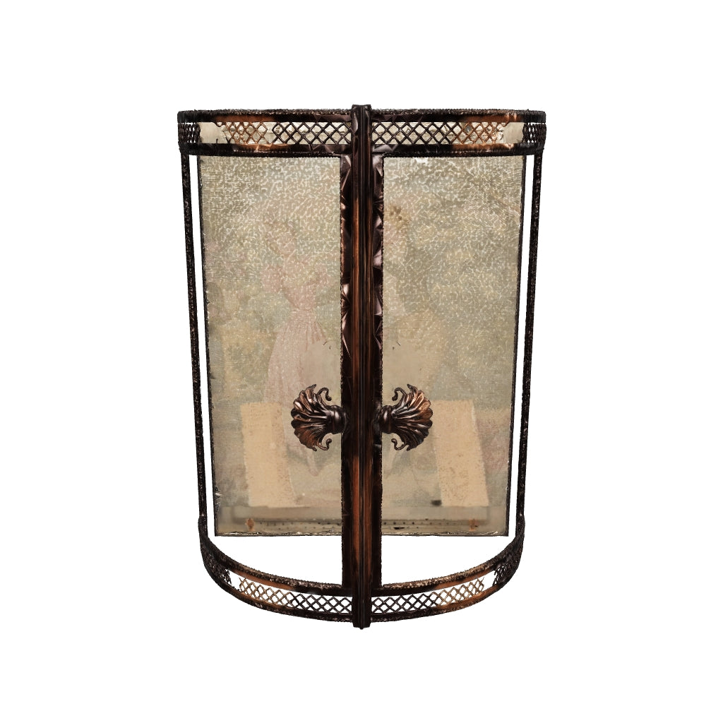 3D preview of Antique Curved Glass Wall Lamp, Brass Fretwork Vitrine Sconce with fabric Garden Scene, Twin Candle-Form Lights
