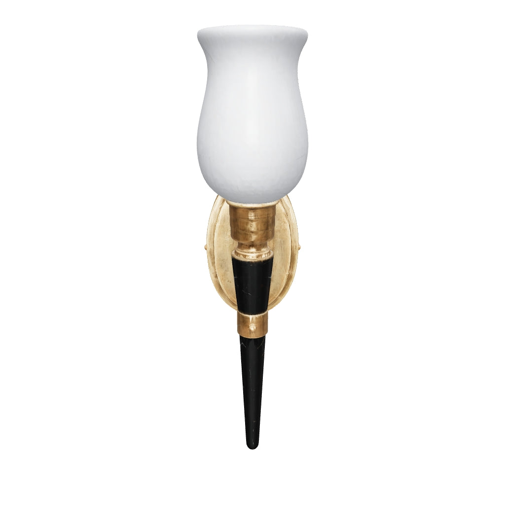 3D preview of French Designer Wall Sconce, Horn-Form Brass and Black Lacquer Fixture with Cloud Glass Shade