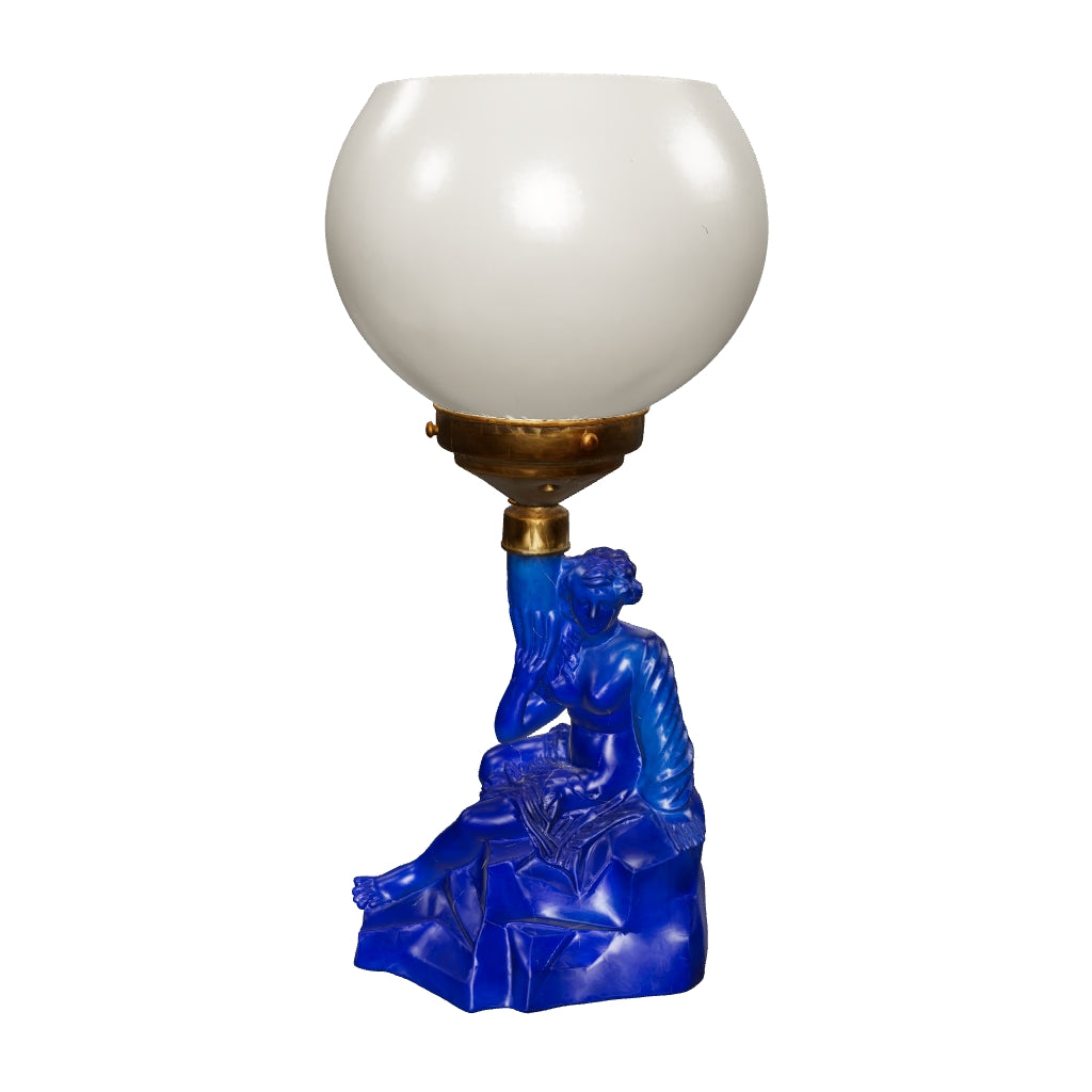 3D preview of Art Deco Lady Lamp, Walther and Sohne Attributed Blue Frosted Glass Figural Lamp with Globe — German, 1930s