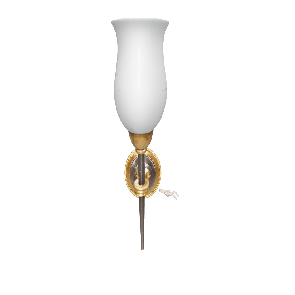 3D preview of Vintage French Torch-Form Wall Sconce, White Opaline Glass, Gilt and Black Metal, 1940s-50s
