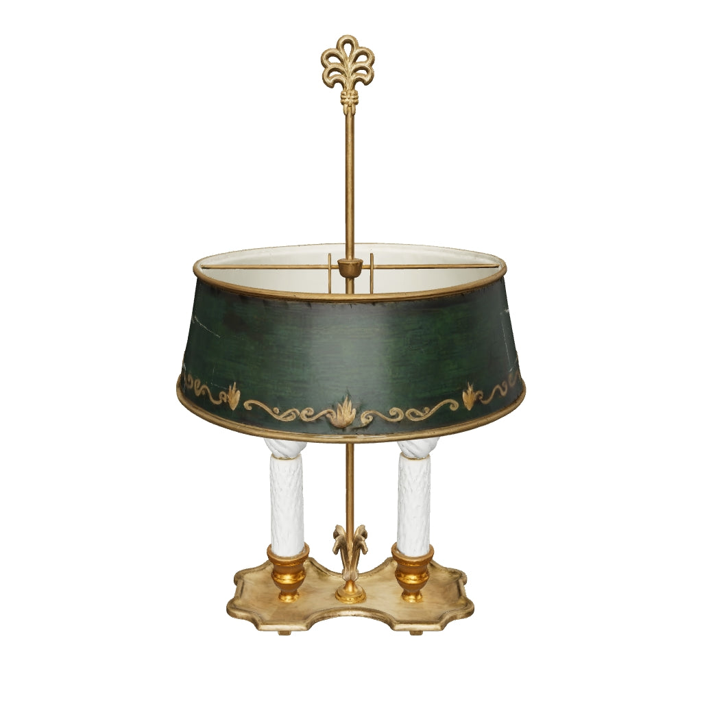 3D preview of Vintage Brass Bouillotte Lamp, Green Tole Shade with Gold Trim, Dual Light, French Style