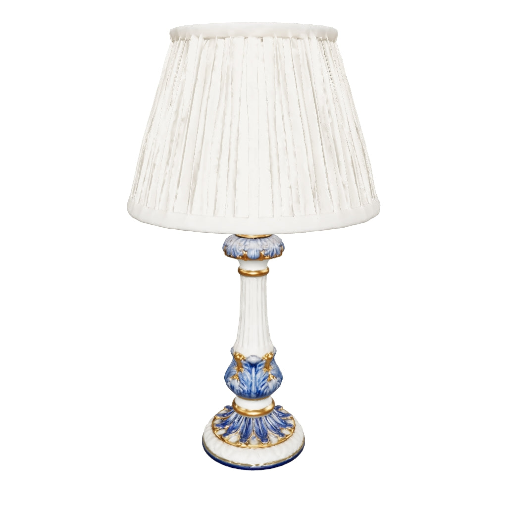 3D preview of Vintage Blue and White Ceramic Table Lamp, Gilt Fluted Column — Pleated Shade Included