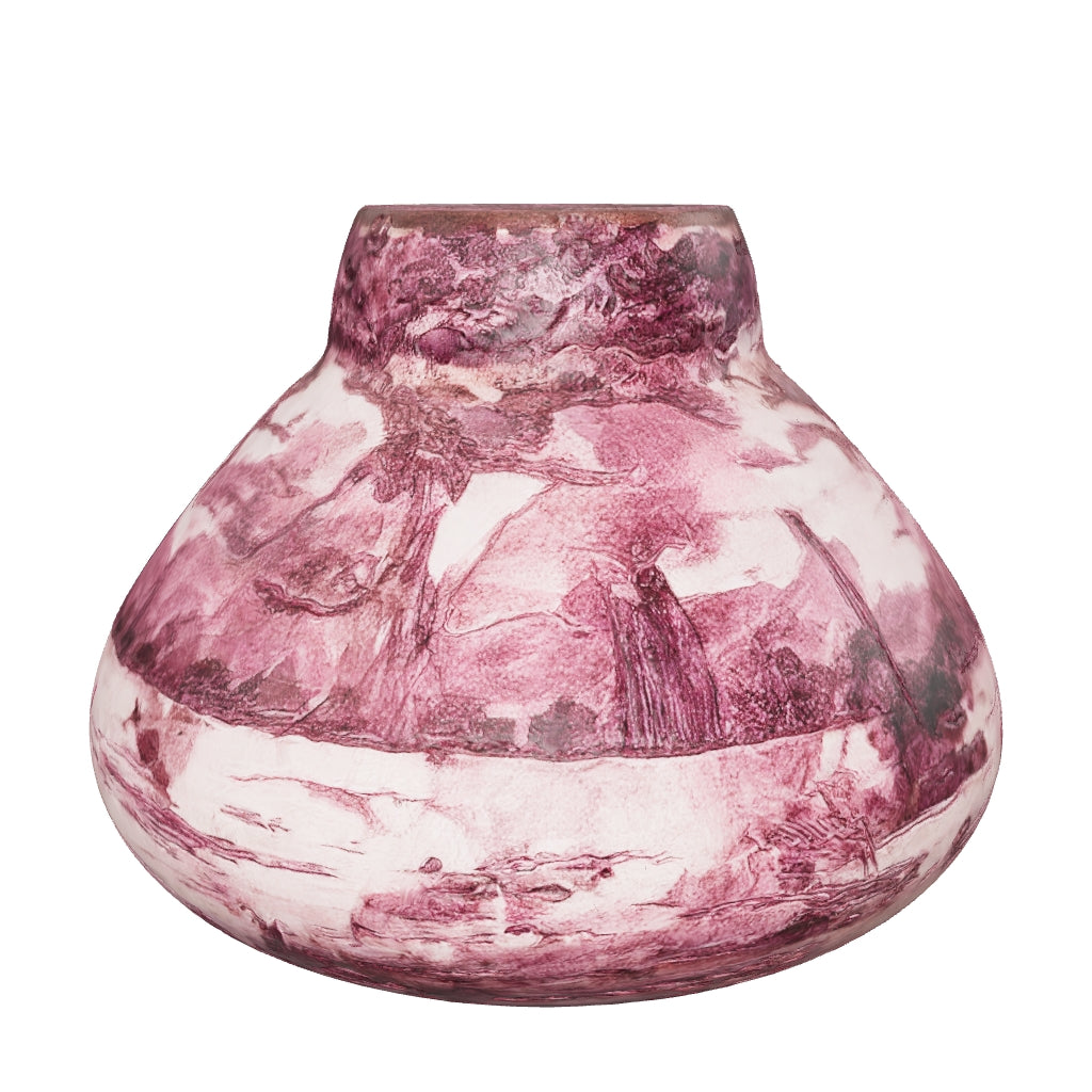 3D preview of Antique Pâte de Verre Vase Signed Val, Purple Acid-Etched Lakeside Landscape, Squat Bulbous Form