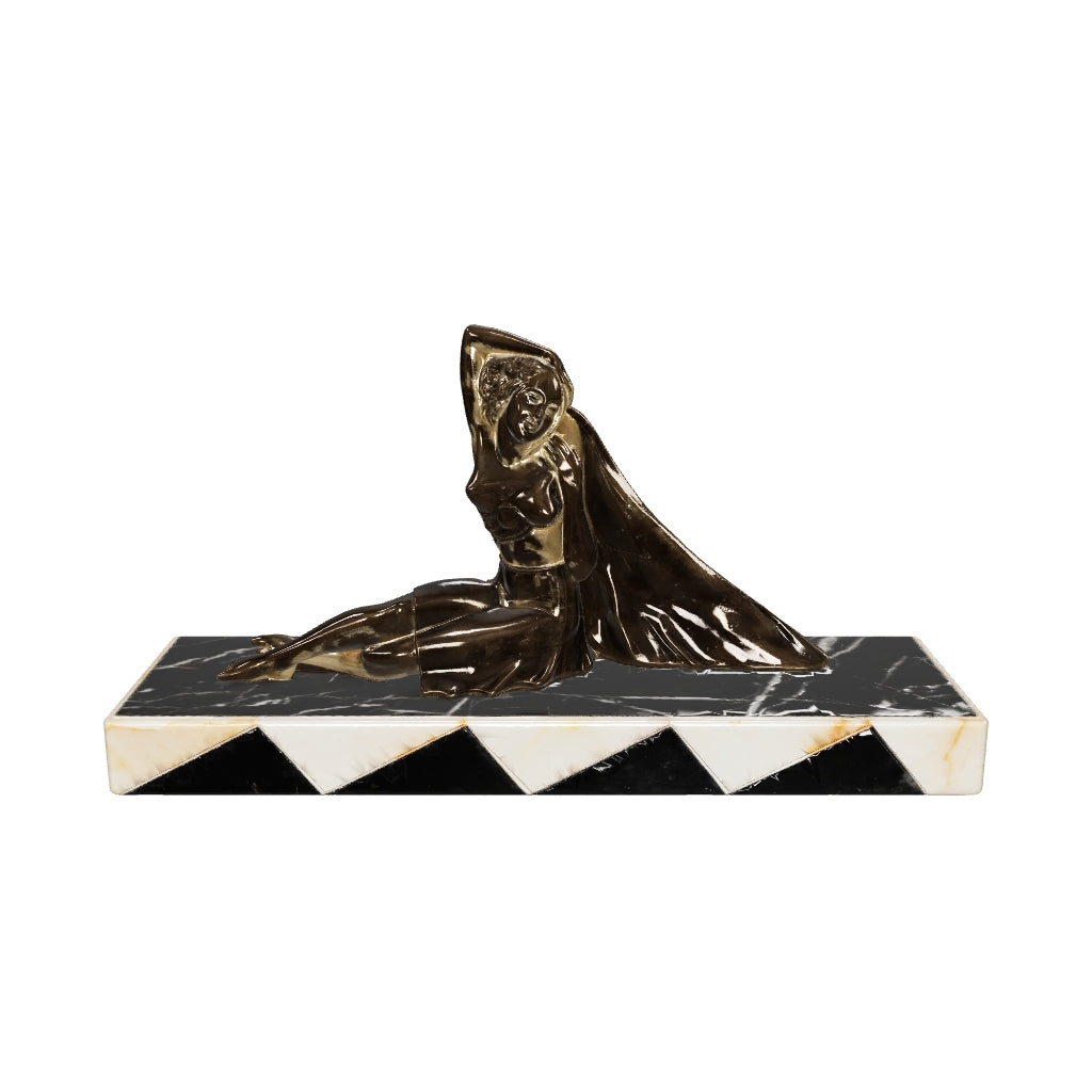 3D preview of Art Deco Spelter Sculpture, Seated Woman on Chevron Marble Base — French, 1920s