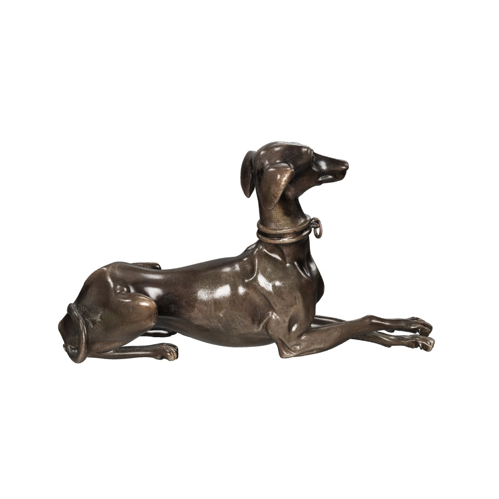 3D preview of Bronze Greyhound Sculpture, Recumbent Whippet Dog Figurine with Collar, Dark Patina — European