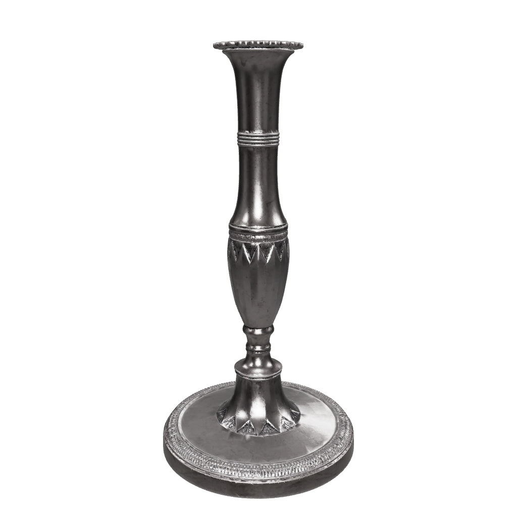 3D preview of Silver Tone Candlestick, Geometric Chased Candle Holder with Ringed Column — French Style, Art Deco Taste